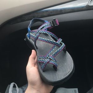 purple and blue chacos